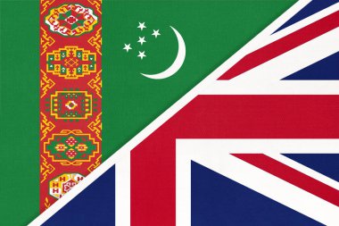 İngiltere ve İrlanda Birleşik Krallığı Türkmenistan ulusal bayrağına karşı tekstil. İki Avrupa ve Asya ülkesi arasındaki ilişki, ortaklık ve ekonomi.