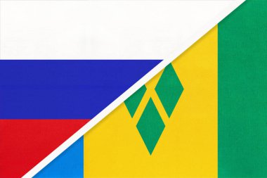Rusya ya da Rusya Federasyonu, Saint Vincent ve Grenadines Ulusal Bayrağı 'na karşı tekstil. İki Avrupa ve Amerikan ülkesi arasındaki ilişki, ortaklık ve ekonomi.