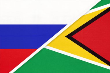 Rusya ya da Rusya Federasyonu Guyana Cumhuriyeti 'ne karşı tekstil ulusal bayrağı. İki Avrupa ve Amerikan ülkesi arasındaki ilişki, ortaklık ve ekonomi.