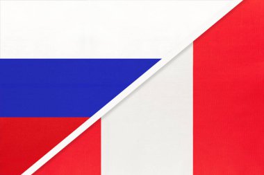 Rusya ya da Rusya Federasyonu, Peru Cumhuriyeti 'ne karşı tekstil ulusal bayrağı. İki Avrupa ve Amerikan ülkesi arasındaki ilişki, ortaklık ve ekonomi.