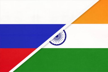 Rusya ya da Rusya Federasyonu Hindistan Cumhuriyeti 'ne karşı tekstil ulusal bayrağı. İki Avrupa ve Asya ülkesi arasındaki ilişki, ortaklık ve ekonomi.
