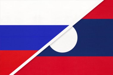 Rusya ya da Rusya Federasyonu Laos 'a karşı tekstil ulusal bayrağı. İki Avrupa ve Asya ülkesi arasındaki ilişki, ortaklık ve ekonomi.