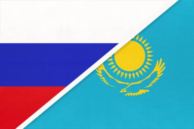 Rusya ya da Rusya Federasyonu Kazakistan Cumhuriyeti 'ne karşı tekstil ulusal bayrağı. İki Avrupa ve Asya ülkesi arasındaki ilişki, ortaklık ve ekonomi.