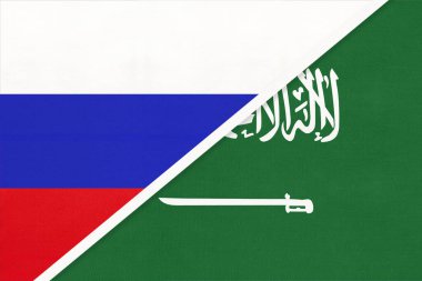 Rusya ya da Rusya Federasyonu Suudi Arabistan Krallığına karşı tekstil ulusal bayrağı. İki Avrupa ve Asya ülkesi arasındaki ilişki, ortaklık ve ekonomi.