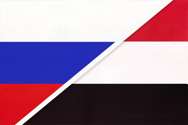 Oroszország Vagy Orosz Föderáció Kontra Jemen Nemzeti Zászló Textilből Kapcsolat — Stock Fotó