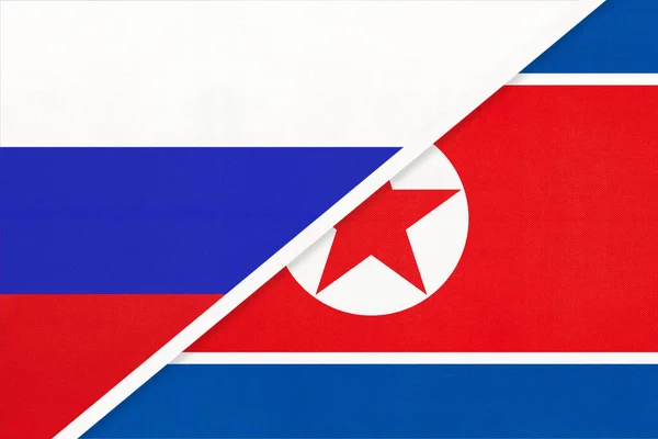 Ryssland Eller Ryska Federationen Nordkorea Nationell Flagga Från Textil Förhållande — Stockfoto