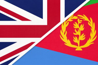 İngiltere ve İrlanda Birleşik Krallığı veya İngiltere Eritre Eyaletine karşı tekstil ulusal bayrağı. İki Avrupa ve Afrika ülkesi arasındaki ilişki, ortaklık ve ekonomi.