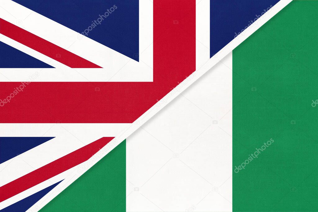 United Kingdom of Great Britain and Ireland or UK vs Federal Republic of Nigeria national flag from textile. Relationship, partnership and economic between two European and African countries.