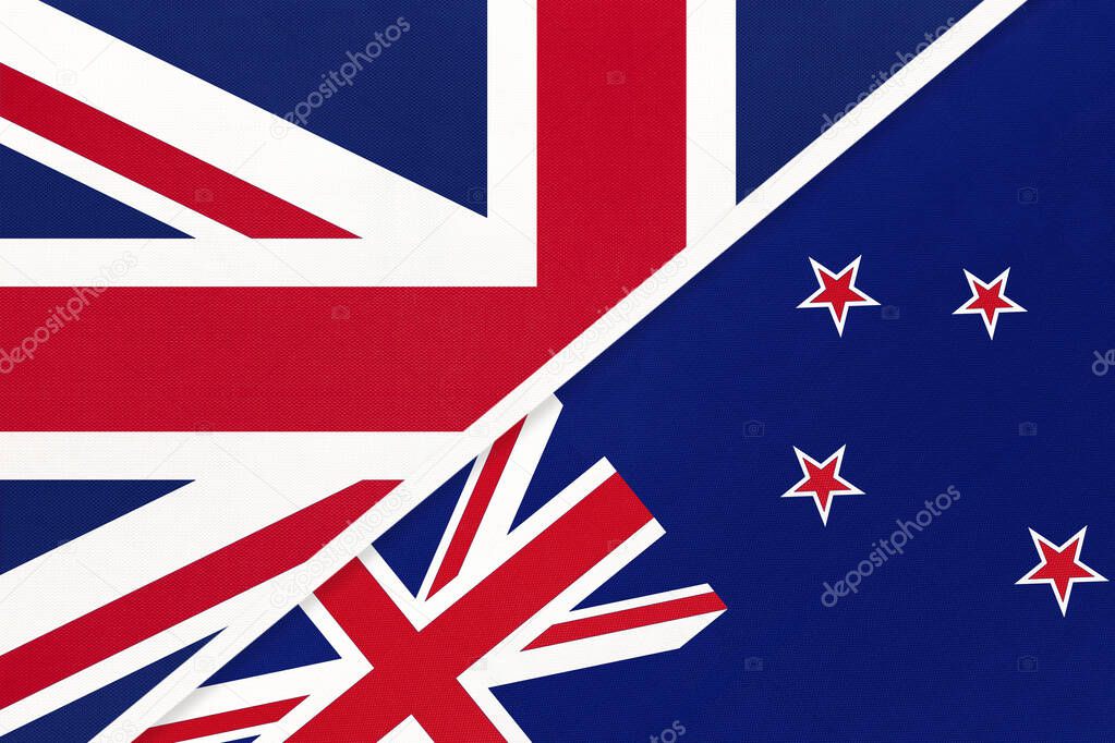 United Kingdom of Great Britain and Ireland vs New Zealand national flag from textile. Relationship, partnership and economic between two European and Oceania countries.
