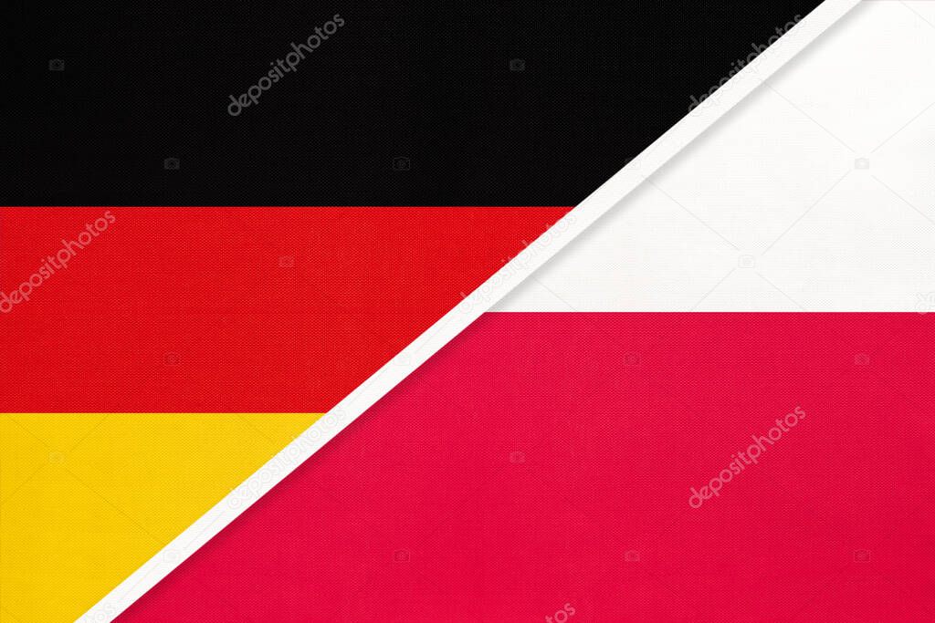 Federal Republic of Germany vs Poland, symbol of two national flags from textile. Relationship, partnership and economic between european countries.