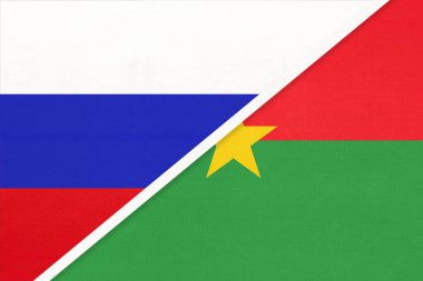 Rusya ya da Rusya Federasyonu, Burkina Faso Cumhuriyeti 'ne karşı tekstil bayrağının sembolü. Asya ve Afrika ülkeleri arasındaki ilişki, ortaklık ve şampiyonluk.