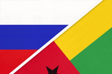 Rusya ya da Rusya Federasyonu, Gine-Bissau Cumhuriyeti 'ne karşı, tekstilden gelen iki ulusal bayrağın sembolü. Asya ve Afrika ülkeleri arasındaki ilişki, ortaklık ve şampiyonluk.
