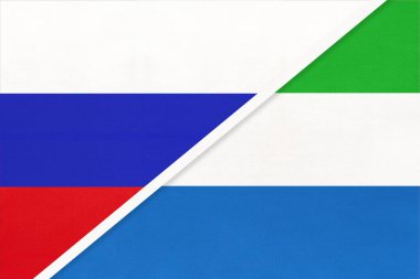Rusya ya da Rusya Federasyonu, Sierra Leone ya da Salone Cumhuriyeti 'ne karşı. Tekstil' den iki ulusal bayrağın sembolü. Asya ve Afrika ülkeleri arasındaki ilişki, ortaklık ve şampiyonluk.