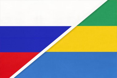 Rusya ya da Rusya Federasyonu Gabon 'a ya da Gabon Cumhuriyeti' ne karşı, tekstilden iki ulusal bayrağın sembolü. Asya ve Afrika ülkeleri arasındaki ilişki, ortaklık ve şampiyonluk.