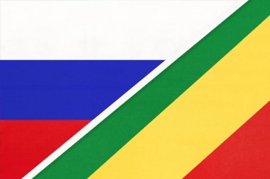 Rusya ya da Rusya Federasyonu, Kongo Cumhuriyeti 'ne karşı. Tekstil sektöründen iki bayrağın sembolü. Asya ve Afrika ülkeleri arasındaki ilişki, ortaklık ve şampiyonluk.
