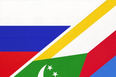 Rusya ya da Rusya Federasyonu, Comoros Birliği 'ne karşı, tekstil sektöründen iki ulusal bayrağın sembolü. Asya ve Afrika ülkeleri arasındaki ilişki, ortaklık ve şampiyonluk.