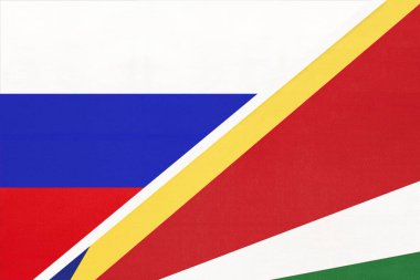 Rusya ya da Rusya Federasyonu Seyşel Cumhuriyeti 'ne karşı, tekstil sektöründen iki ulusal bayrağın sembolü. Asya ve Afrika ülkeleri arasındaki ilişki, ortaklık ve şampiyonluk.