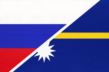 Rusya ya da Rusya Federasyonu, Nauru Cumhuriyeti 'ne karşı, tekstilden iki ulusal bayrağın sembolü. Asya ve Okyanus ülkeleri arasındaki ilişki, ortaklık ve şampiyonluk.