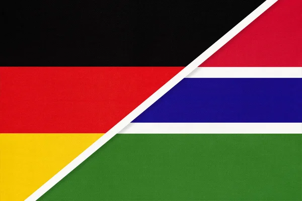 德意志联邦共和国对冈比亚 两个来自纺织品的国旗的象征 欧洲和非洲国家之间的关系 伙伴关系和冠军 — 图库照片