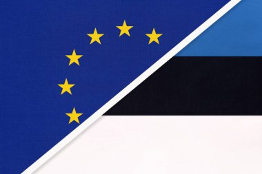 Avrupa Birliği veya AB, Estonya Cumhuriyeti 'ne karşı tekstil ulusal bayrağı. Avrupa Konseyi Birliği 'nin sembolü. Avrupa Şampiyonası