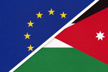 Avrupa Birliği veya AB ve Ürdün Ulusal Bayrağı Haşimi Krallığı tekstil sektöründen. Asya ülkesinin karşısındaki Avrupa Konseyi derneğinin sembolü. Avrupa Şampiyonası