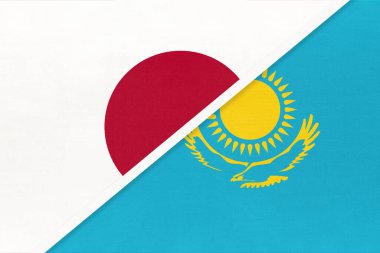Japonya ve Kazakistan tekstil bayrağının iki sembolü. Asya ülkeleri arasındaki ilişki, ortaklık ve şampiyonluk.