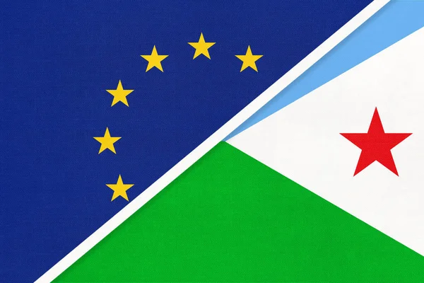 European Union or EU and Djibouti national flag from textile. Symbol of the Council of Europe association opposite African country. Europe championship