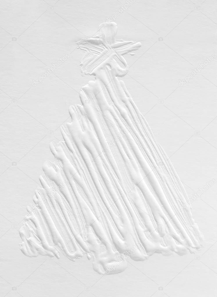 White snowy 3 d Christmas tree on a gray background, New Year mood in December. Template for a greeting card, ink drawing on paper, handmade.