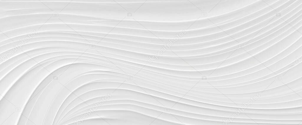 White 3 d background with wave illustration, beautiful bending pattern for web screensaver. Light gray texture with smooth lines for a wedding card.