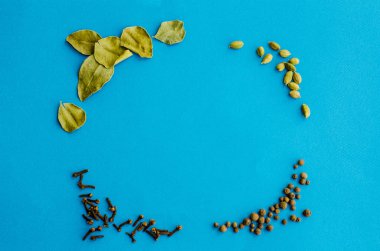 Baharat kakule, karabiber, defne yaprağı, karanfil metnin altına bir yer ile mavi arka plan