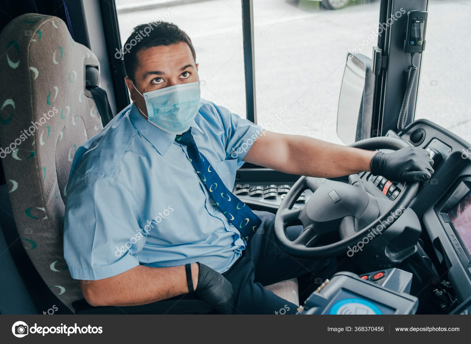 Bus Driver Wears Face Mask Protecting Gloves His Hand Bus Stock Photo