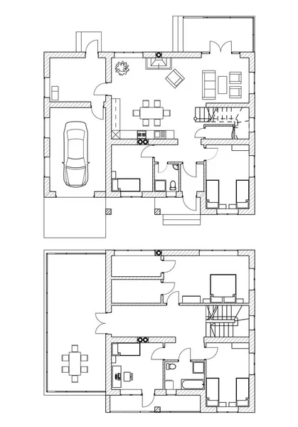 Suburban huis. De plannen van de vloer van het zwart-wit van een modern appartement. Vector interieur. Bouwkundige achtergrond. — Stockvector