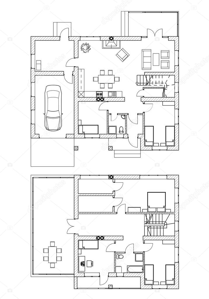 Casa suburbana. planimetrie in bianco e nero di un appartamento ... Planimetria di un appartamento