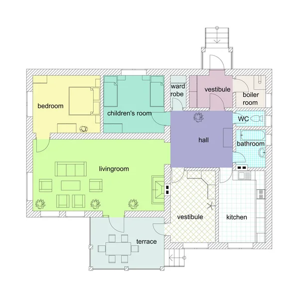 Plán prostorového uspořádání moderního bytu. Barevný 2d vektorové modrotisku. Architektonické pozadí. — Stockový vektor