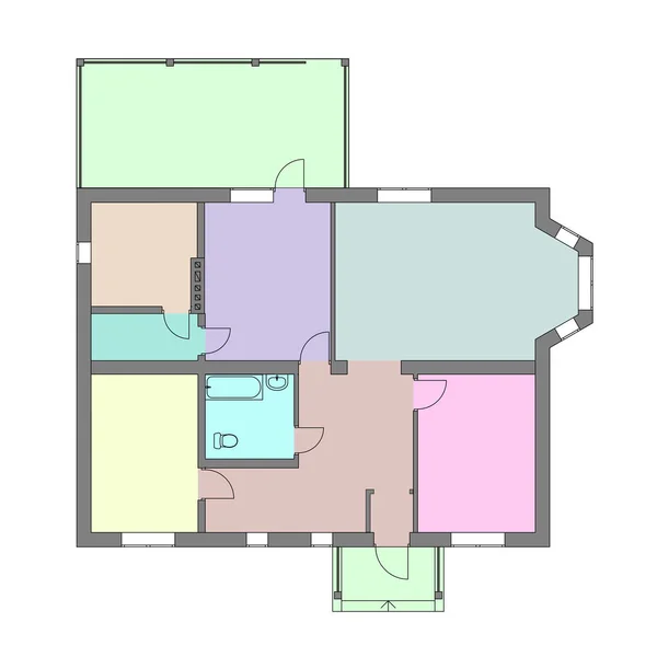 Plano de piso não mobilado de um apartamento moderno para o seu design. Modelo vetorial 2d colorido. Contexto arquitectónico . — Vetor de Stock