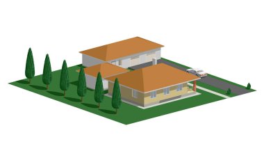 Düz 3d izometrik yaratıcı modern bina. Renkli vektör çizim.