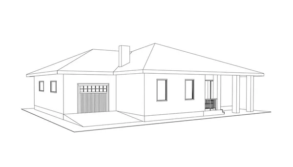 Costruire prospettiva 3D. Disegno della casa di periferia. Descrive cottage su sfondo bianco. Vettore prospettico modello House 3D. Progetto di cottage. EPS 10. — Vettoriale Stock