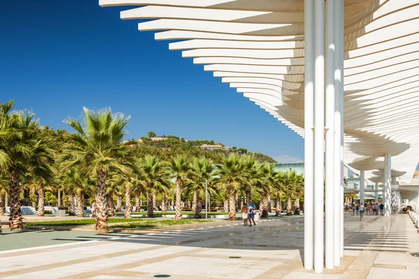 Vista ensolarada do passeio marítimo perto do porto de Málaga, província da Andaluzia, Espanha . — Fotografia de Stock