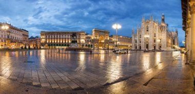 Twilight panoramic view of Cathedral, Vittorio Emanuele II Gallery and piazza del Duomo in Milan, Lombardia region, Italy. clipart