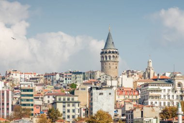 Boğaziçi'nin güneşli görünümüyle gezi tekneleri ve Galata Kulesi, Istanbul, Türkiye.
