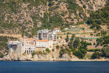 Deniz Manzaralı bir Saint Athos, Khalkidiki, Yunanistan monasterys.