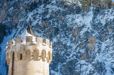 Karlı Bavyera Alpleri ve Neuschwanstein sisli sabahı kale, 