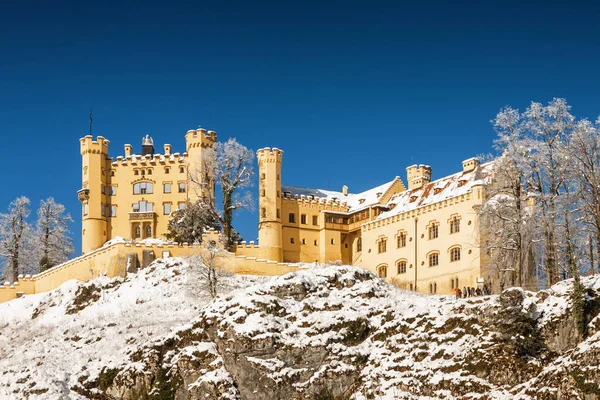 Besneeuwde Beierse Alpen en Hoshenschwangau kasteel op mistige ochtend, Beieren, Duitsland. — Stockfoto