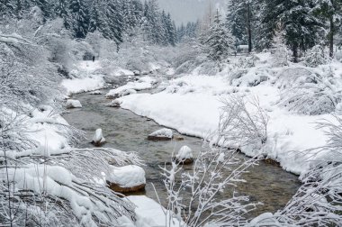 Nehri Vadisi Canazei ve Val di Fassa, Trentino-Alto-Adige bölgesi, İtalya Campitello arasında bulutlu görünümünü.