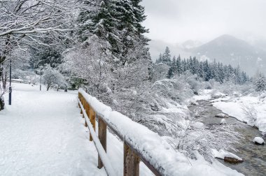Nehri Vadisi Canazei ve Val di Fassa, Trentino-Alto-Adige bölgesi, İtalya Campitello arasında bulutlu görünümünü.