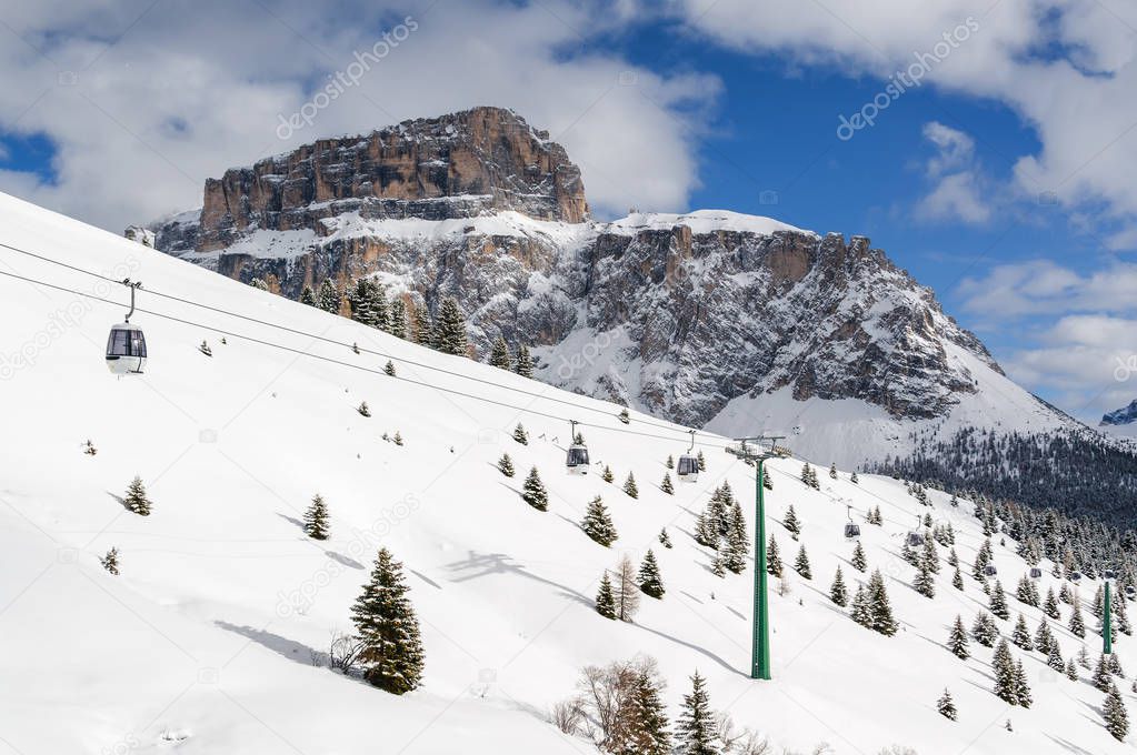 Morning view of Dolomites from  Belvedere valley near Canazei of Val di Fassa, Trentino-Alto-Adige region, Italy.