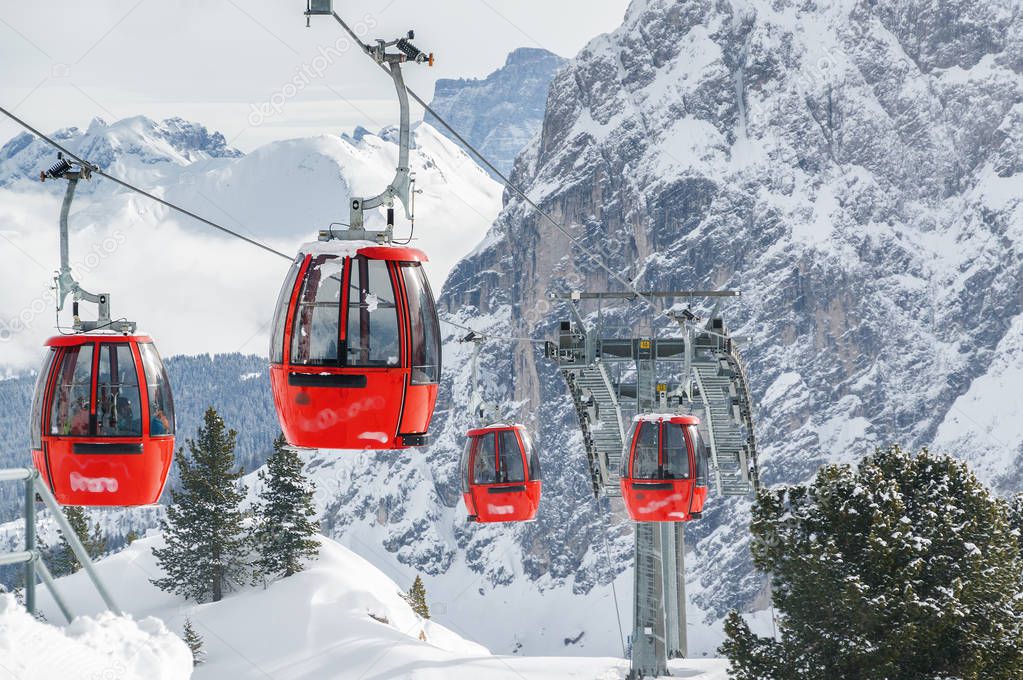 Cable cars at Dolomites of Colfosco near Val di Fassa, Trentino-Alto-Adige region, Italy.