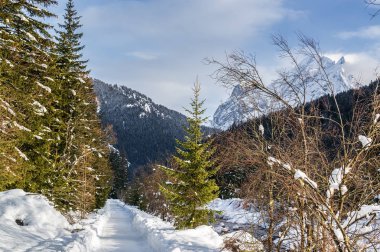 Dolomites Canazei ve Val di Fassa, Trentino-Alto-Adige bölgesi, İtalya Campitello arasında Nehri Vadisi'nden bulutlu görünümünü.