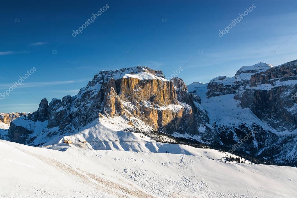 Sunny view of Belvedere valley near Canazei of Val di Fassa, Trentino-Alto-Adige region, Italy.