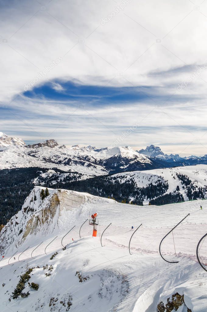 Sunny view of Dolomite Alps near Alta Badia of Val di Fassa, Trentino-Alto-Adige region, Italy.